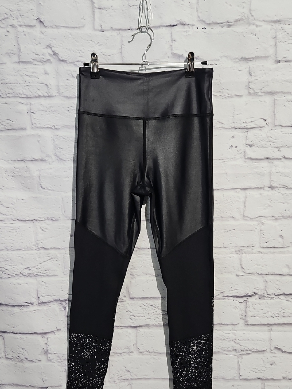 ZYIA Black Faux-Leather Panel Leggings with Reflective Splatter